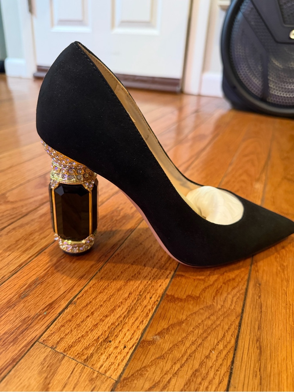FSJ Black Pointed Suede Pump with Jeweled Gold Accent Heel